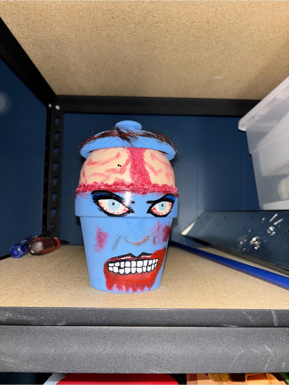 Hand-Painted Blue Zombie Face Pot - Home Art Decor